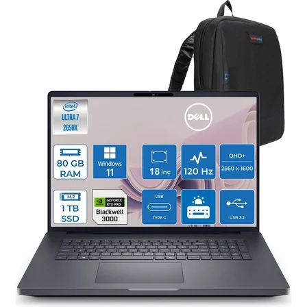 Dell Pro Max 18 Plus Intel Core Ultra 7 265HX 80GB Ddr5 1tb SSD Rtx Pro 3000 Blackwell 12GB Windows 11 Pro 18" 120HZ Qhd+ 2560 x 1600 Wva 500NITS Mobil Iş Istasyonu MB18250263P16 + Zetta Çanta