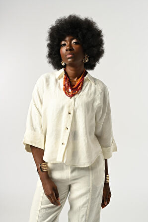 KADIN EKRU RENK %100 KETEN TRUVAKAR KOLLU GÖMLEK