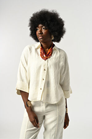 KADIN EKRU RENK %100 KETEN TRUVAKAR KOLLU GÖMLEK