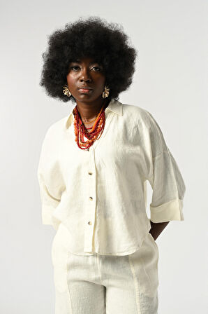 KADIN EKRU RENK %100 KETEN TRUVAKAR KOLLU GÖMLEK