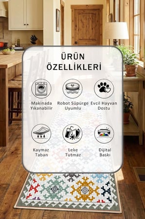 Yıkanabilir Kaymaz Asude Bej Mutfak Halısı Tüy Tutmaz Leke Tutmaz