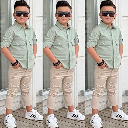 MODAVALS KAPAKLI CEP DETAYLI GÖMLEK & GABARDİN PANTOLON ERKEK ÇOCUK ALT ÜST TAKIM