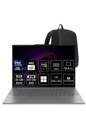 Yoga Slim 7 Core Ultra 7 258V 32GB RAM 512GB SSD 15.3" WQXGA+ 2.8K OLED 500nits 120Hz Win11 Home 83HM005MTRP305 Notebook + PER4 Çanta