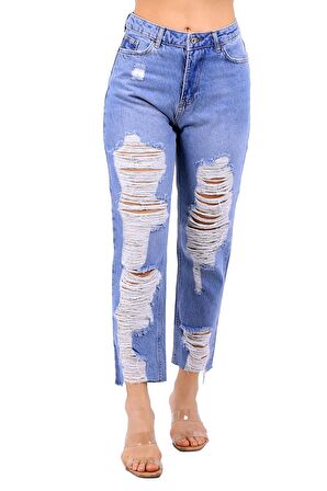 Bacakları Yırtıklı ve Yüksek Belli Astarsız Cepli Boyfriend Kadın Kot Pantolon Jean Orta Mavi Denim