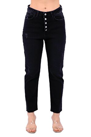 Düğme Detaylı ve Yüksek Belli Cepli Astarsız Mom Kadın Kot Pantolon Antrasit Denim Dört Mevsim