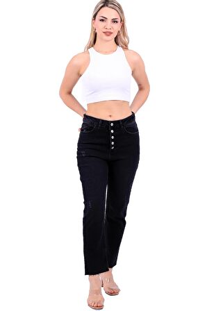Düğme Detaylı ve Yüksek Belli Cepli Astarsız Mom Kadın Kot Pantolon Antrasit Denim Dört Mevsim