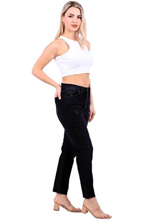Düğme Detaylı ve Yüksek Belli Cepli Astarsız Mom Kadın Kot Pantolon Antrasit Denim Dört Mevsim