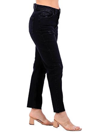 Düğme Detaylı ve Yüksek Belli Cepli Astarsız Mom Kadın Kot Pantolon Antrasit Denim Dört Mevsim