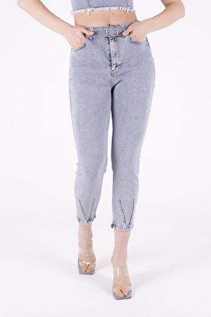 Paçaları Dekoratif Damla Taşlı Yüksek Belli Cepli Bilek Boylu Kadın Kot Pantolon Kar AçıkMavi Denim