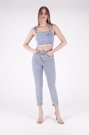 Paçaları Dekoratif Damla Taşlı Yüksek Belli Cepli Bilek Boylu Kadın Kot Pantolon Kar AçıkMavi Denim