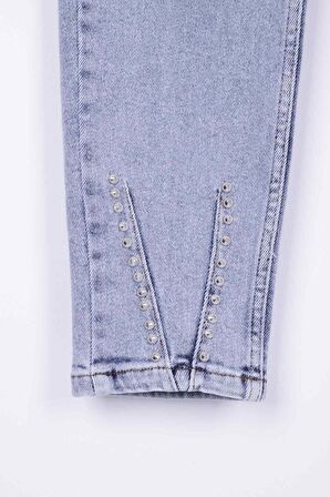 Paçaları Dekoratif Damla Taşlı Yüksek Belli Cepli Bilek Boylu Kadın Kot Pantolon Kar AçıkMavi Denim