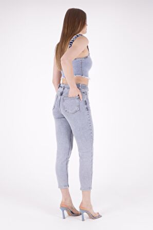 Paçaları Dekoratif Damla Taşlı Yüksek Belli Cepli Bilek Boylu Kadın Kot Pantolon Kar AçıkMavi Denim