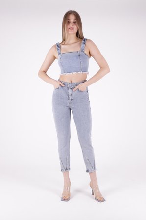 Paçaları Dekoratif Damla Taşlı Yüksek Belli Cepli Bilek Boylu Kadın Kot Pantolon Kar AçıkMavi Denim