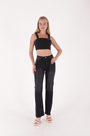 Paçaları Dikişsiz ve Geniş Paçalı Yüksek Belli Rahat/Relaxed Kadın Kot Pantolon Antrasit Denim Jean