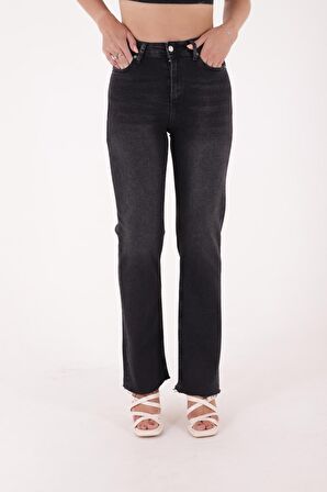 Paçaları Dikişsiz ve Geniş Paçalı Yüksek Belli Rahat/Relaxed Kadın Kot Pantolon Antrasit Denim Jean