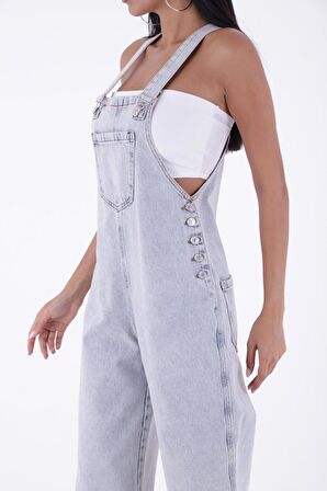 Yanları Düğme Detaylı ve Kolsuz Cepli  Astarsız Oversize Rahat Kadın Tulum Kar Açık Mavi Denim