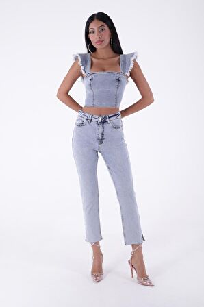 Cep Kenarları ve Paçaları Taşlı Yırtmaçlı Yüksek Belli Kadın Kot Pantolon Kar Açık Mavi Denim Jean