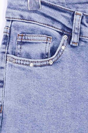 Cep Kenarları ve Paçaları Taşlı Yırtmaçlı Yüksek Belli Kadın Kot Pantolon Kar Açık Mavi Denim Jean