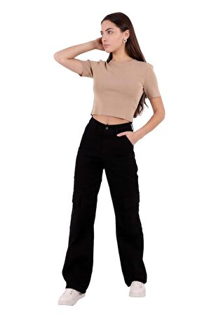Kargo Cepli Detaylı ve Yüksek Belli Tam Boy Hip-Hop Relaxed Kadın Kargo Kot Pantolon Siyah Denim