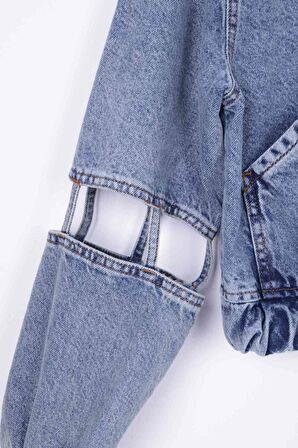 Kolları Bağlantı Detaylı Klasik Yakalı Cepli ve Astarsız Bomber Crop Kadın Kot Ceket OrtaMavi Denim