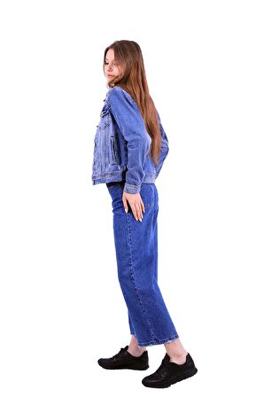 Yırtık Detaylı Cepli ve Astarsız Uzun Kollu Dar Kalıplı Kadın Kot Ceket Koyu Mavi Denim Dört Mevsim 