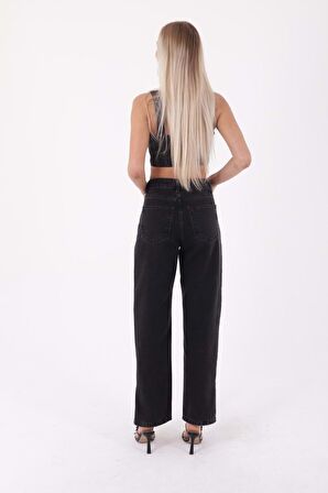 Paçaları Yırtmaç Detaylı ve Geniş Paçalı Yüksek Belli Rahat Jean Kadın Kot Pantolon Antrasit Denim 