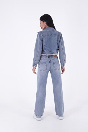 Yırtıklı Detaylı ve  Düşük Belli Rahat / Relaxed Palazzo Jean Kadın Kot Pantolon Orta Mavi Denim 