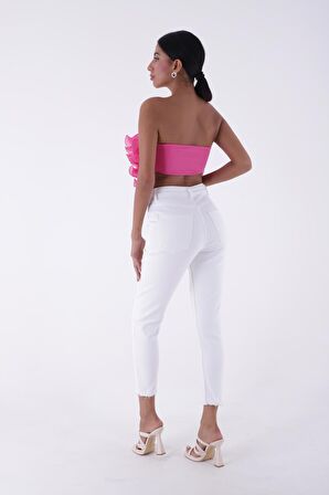 Önü Ekstra Dikişli ve Paçaları Yırtmaçlı Cepli Yüksek Belli Mom Kadın Kot Pantolon Beyaz Denim