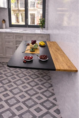 60x110 cm Katlanır Açılır Kapanır Duvara Monte Masa Oval Köşeli Çift Renkli Çam Antrasit