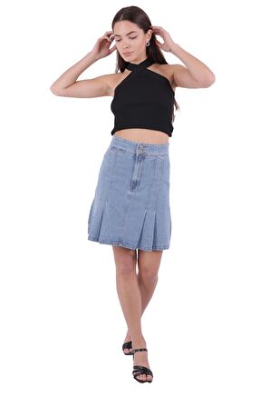 Pileli ve Çan Modelli Cepsiz Astarsız Kadın Kısa Kot Etek Durulanmış Mavi Denim Yaz / Bahar