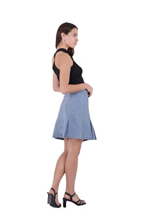 Pileli ve Çan Modelli Cepsiz Astarsız Kadın Kısa Kot Etek Durulanmış Mavi Denim Yaz / Bahar