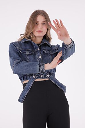 Önü Dekoratif Cepli ve Kolları Lastikli Uzun Kollu Kısa Boy Kot Kadın Ceket Koyu Mavi Denim