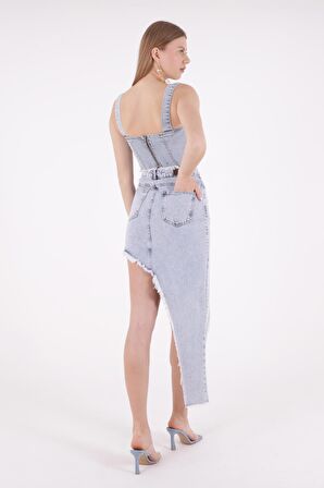 Püsküllü ve Çapraz Kesim Detaylı Cepli Astarsız Normal Belli Kadın Kot Etek Orta Mavi Denim Yaz