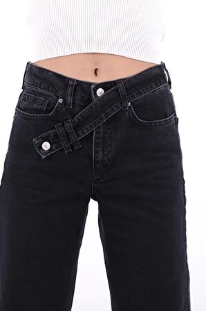 Önü Dekoratif Kemerli Dizleri Pencereli Bol Kalıplı Yüksek Belli Kadın Kot Pantolon Antrasit Denim 