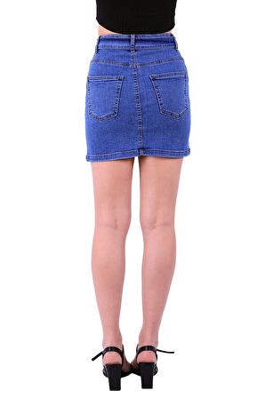 Beli Kuşaklı ve Dar Kalıplı Fermuarlı Cepli Kısa Kot Kadın Etek Orta Mavi Kot Denim Yaz / İlkbahar