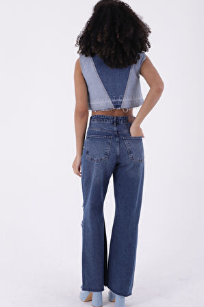 Dizleri Yırtıklı Paçaları Püsküllü Yüksek Belli Geniş Paçalı Kadın Kot Pantolon Jean Koyu Mavi Denim