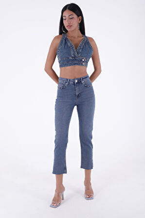 Cepleri ve Paçaları Taş Detaylı Yüksek Belli Mom Fit Kadın Kot Pantolon Jean Orta Mavi Tintli Denim