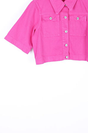 Kısa Kollu ve Kısa Boy Düğmeli Klasik Yakalı Astarsız Cepli Kadın Kot Ceket Fuşya Mevsimlik