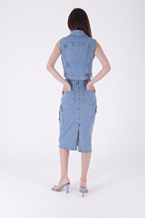 Kargo Cepli Detaylı ve Normal Belli Orta Boy Uzunlukta Kadın Kot Etek Açık Mavi Denim RICHMOST