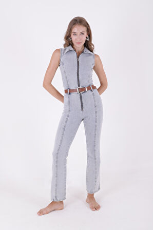 Dekoratif Kemer Detaylı Ve Kolsuz Fermuarlı Rahat Kot Kadın Tulum Kar Yıkama Açık Mavi Denim