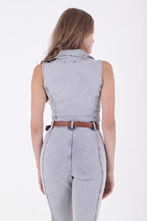 Dekoratif Kemer Detaylı Ve Kolsuz Fermuarlı Rahat Kot Kadın Tulum Kar Yıkama Açık Mavi Denim