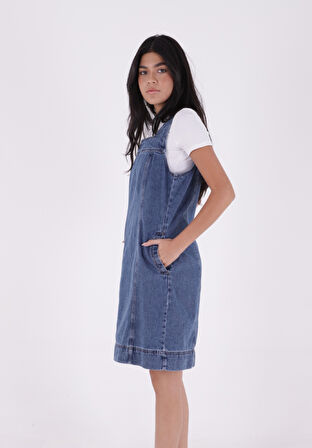 Askılı Ve Yandan Cepli Diz Üstü Boy Klasik Kot Kadın Elbise Düz Orta Mavi Rins Denim Dört Mevsim