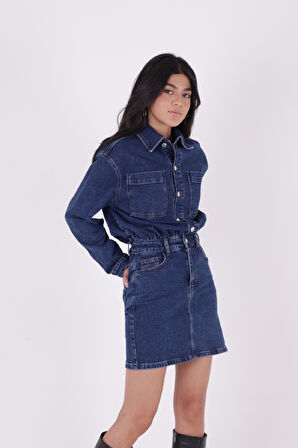 Önü Düğmeli ve Uzun Kollu Klasik Yakalı Normal Kalıplı Mini Etekli Kot Kadın Elbise Koyu Mavi Denim