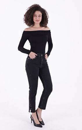 Paçaları Taşlı ve Yırtmaçlı Cepli Yüksek Belli Mom Fit Kadın Jean Kot Pantolon Düz Antrasit Denim