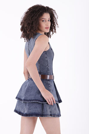 Beli Kemerli ve Pile Detaylı Kolsuz Çan Model Kısa Kot Kadın Elbise Koyu Mavi Denim Yaz - Bahar