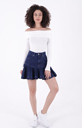 Fırfırlı ve Yüksek Belli Cepli Tatlı - Şirin Model Mini Kot Kadın Etek Düz Koyu Rins Mavi Denim