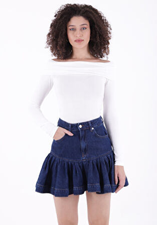 Fırfırlı ve Yüksek Belli Cepli Tatlı - Şirin Model Mini Kot Kadın Etek Düz Koyu Rins Mavi Denim