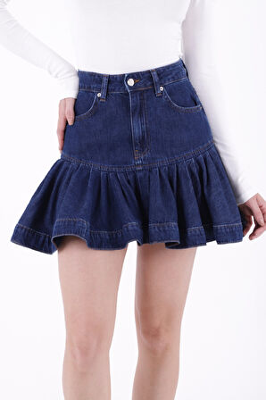 Fırfırlı ve Yüksek Belli Cepli Tatlı - Şirin Model Mini Kot Kadın Etek Düz Koyu Rins Mavi Denim