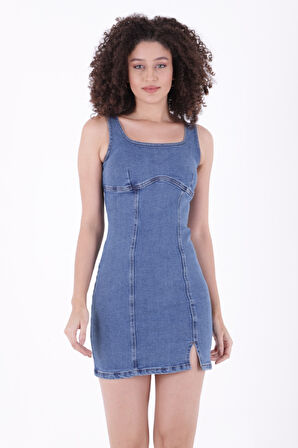 Önü Mini Yırtmaçlı Cepsiz ve Astarsız Fermuarlı Kadın Mini Kot Elbise Düz Orta Mavi Rins Denim