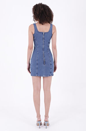 Önü Mini Yırtmaçlı Cepsiz ve Astarsız Fermuarlı Kadın Mini Kot Elbise Düz Orta Mavi Rins Denim